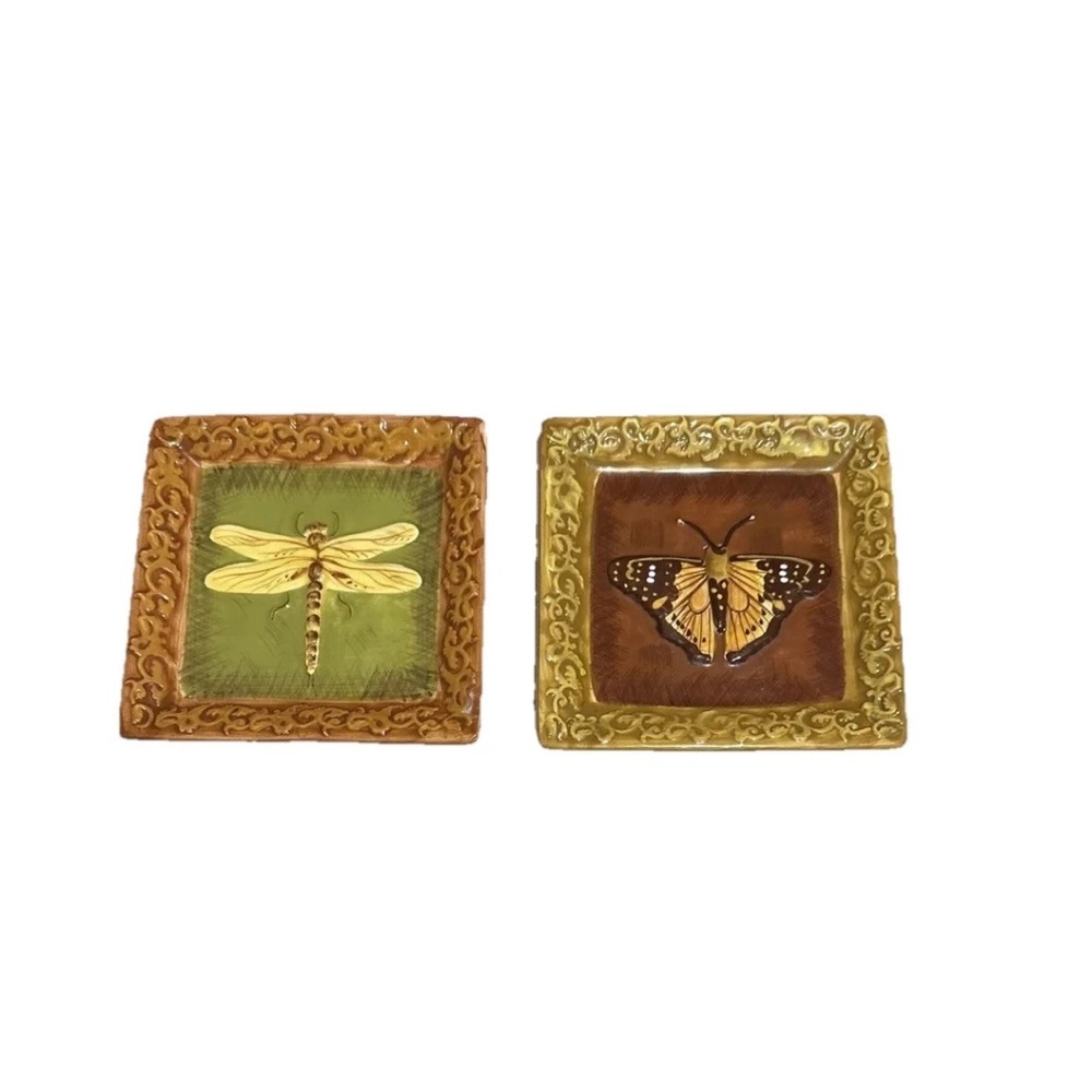 MWW Market Set Of 2 Dragon Fly & Moth Ceramic Dishes. 5x5 Wall Decor GRN/YEL, 3D